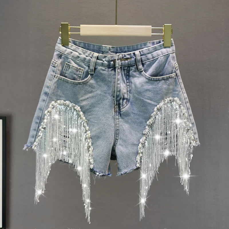 

Женские летние джинсовые брюки, новинка, джинсовые шорты в европейском стиле с тяжелыми бусинами, блестками и бахромой, женские джинсовые ш...