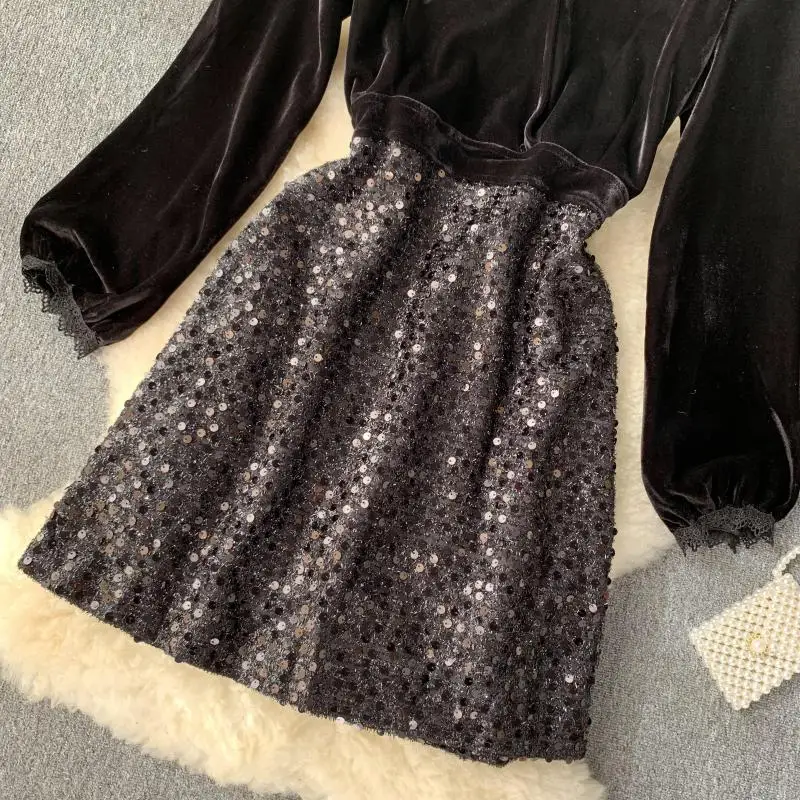 Осень-зима 2019 новинка женское платье с круглым вырезом и рукавом-фонариком