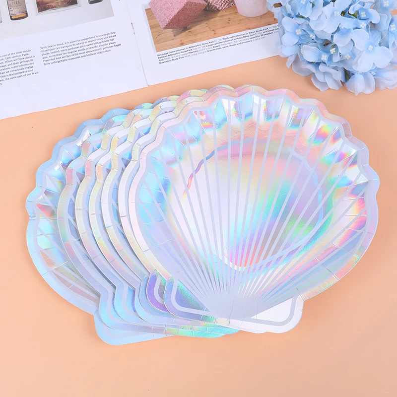 

8Pcs Sparkle Shell Paper Plates Party Dish Tableware 10" Mermaid fairytale Festival For Baby Shower Wedding Party Supplies