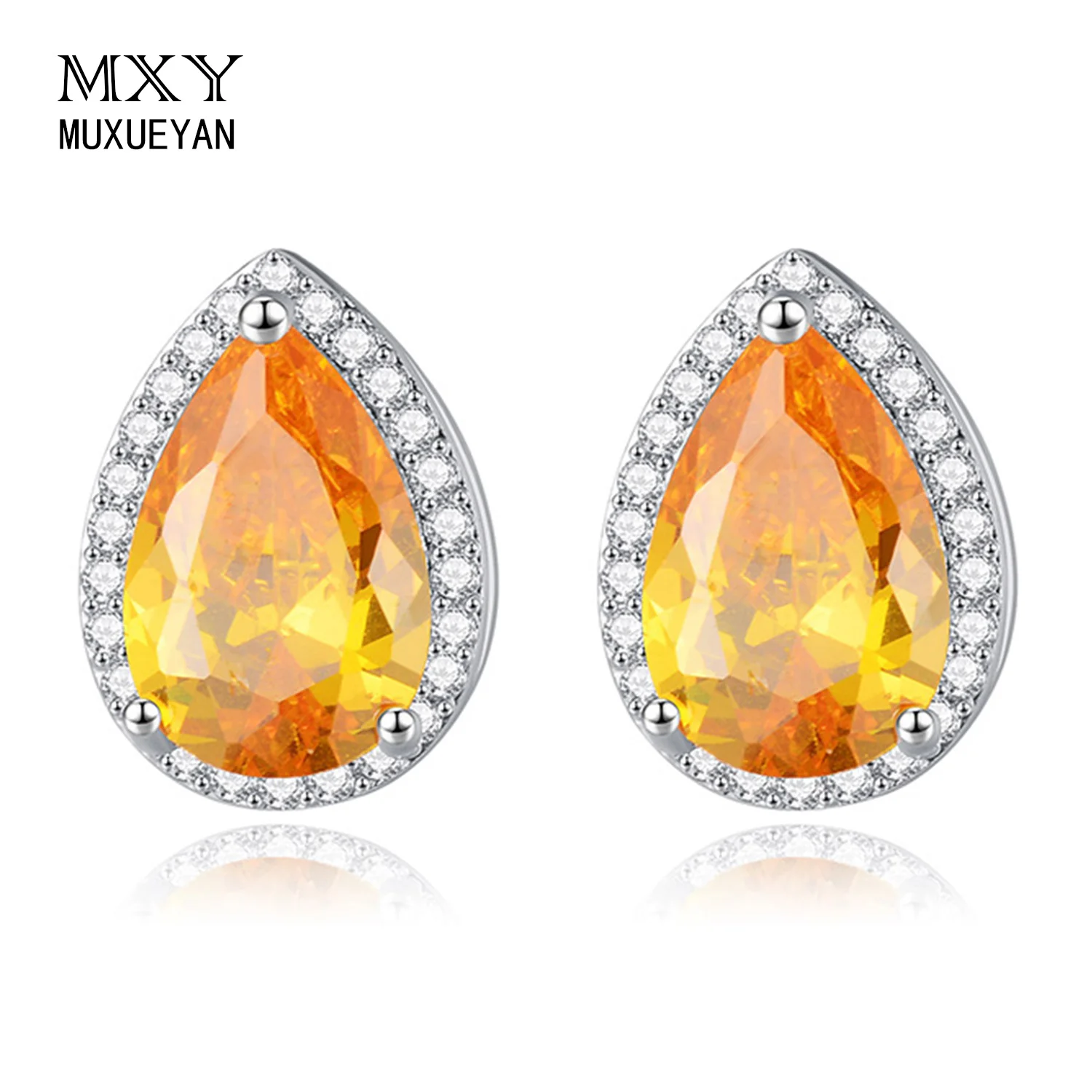 

MUXUEYAN Silver Color Waterdrop Stud Earrings For Women Yellow Zircon Luxury Crystal Jewelry Latest Styles Gift 2021 MUXUEYAN