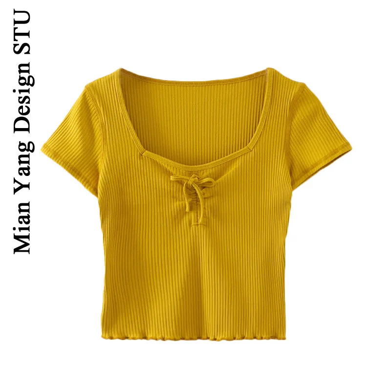 Летняя новая эластичная облегающая маленькая Футболка женская винтажная