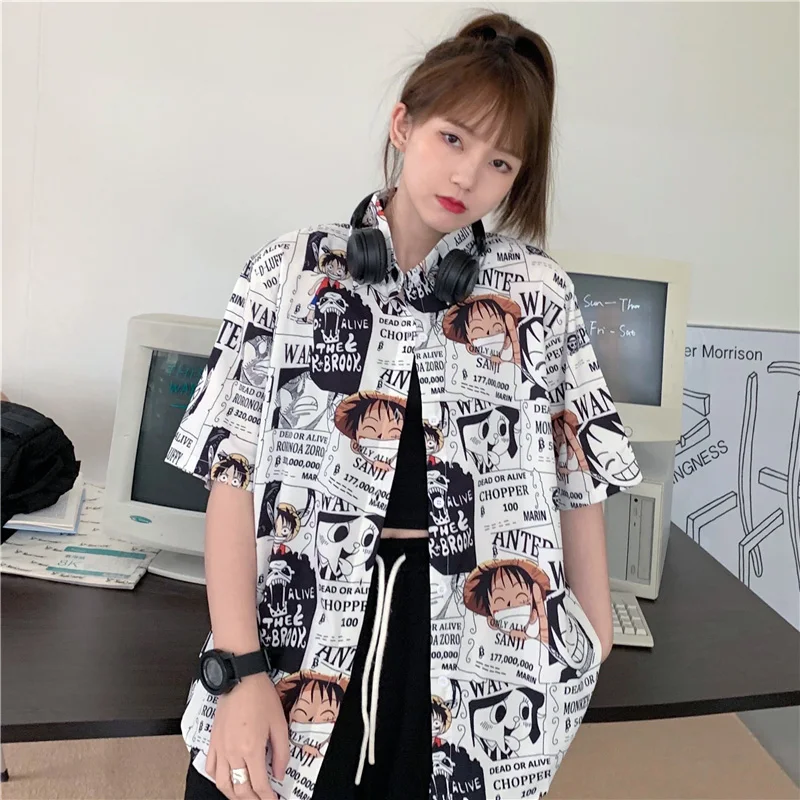 

New Summer Shirt Women College Style Shirt Loose Short Sleeve Blouse Cartoon Anime Print Shirt Casual Man Shirt Plus Size Shirt