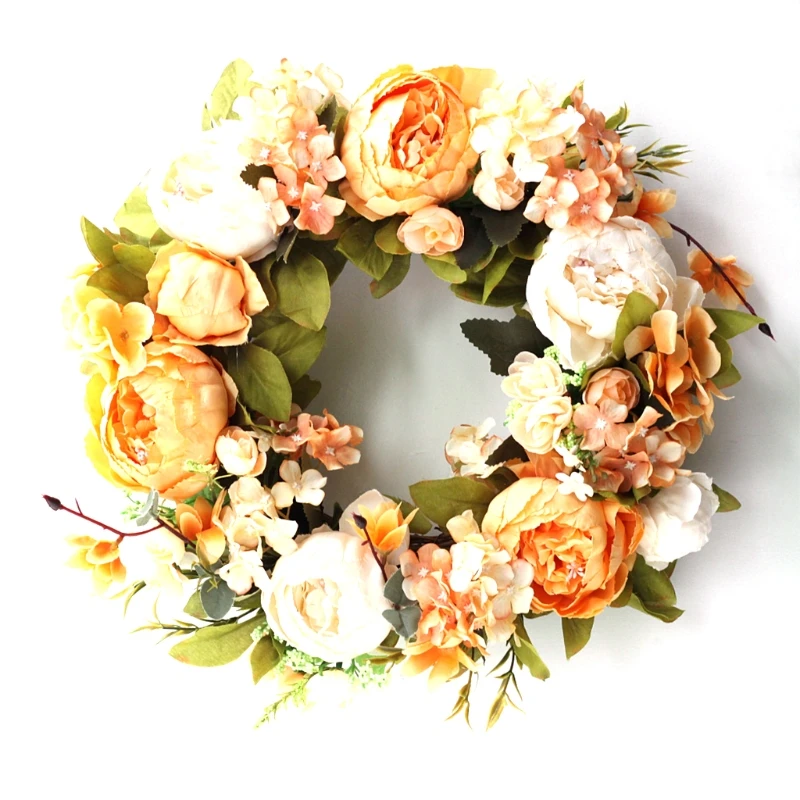 

16in Peony Wreath Artificial Flower Door Wreath with Green Leaves Spring Wreath QXNA
