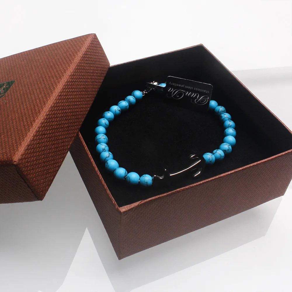 

Runda Fashion Men And Women Beaded Bracelet Blue And Green Natural Stone With Anchor Stainless Steel Jewelry Couple Gift