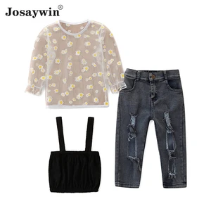 Josaywin Baby Clothes Children Suits Kids Girls 3 Pieces Sets Flower Mesh Top+pant Summer Sweet Girl Baby Korean Clothes Sets