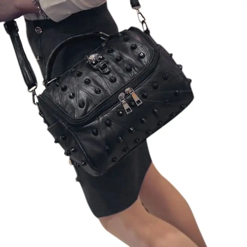

Women Split Sheep Leather Messenger Rivet Skull Tote Handbag Travel Crossbody Satchel Purse Top Handle Bags