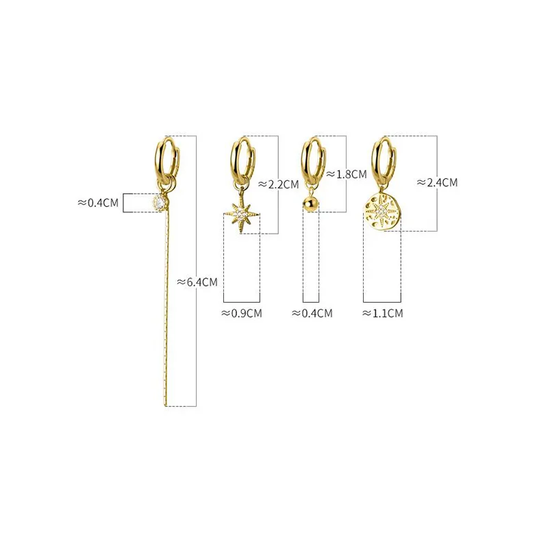 925 Sterling Silver Circle Round Star Drop Earrings for Women Asymmetry Zircon Tassel Chain Simple Hoop Fine Jewelry | Украшения и