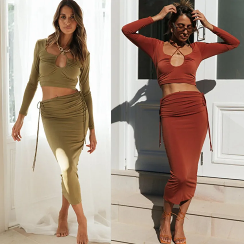 

Autumn 2Pcs Women Sexy Solid Color Clothes Set Ladies Hollow Out Long Sleeve U-neck Halter Cropped Tops High Waist Midi Skirt