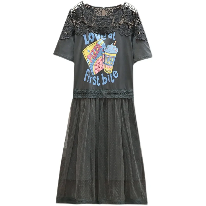 

Fit Weight 50KG-100KG Women Plus Size L-4XL Short Sleeves O-Neck Lace Mesh Patchwork Print Dress Ladies Casual Loose Dresses