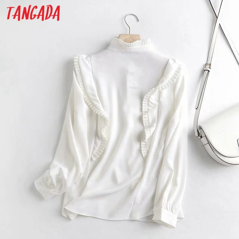 

Tangada Women Vintage Ruffles White Shirts Long Sleeve Solid 2020 Autumn Winter Elegant Office Ladies Work Wear Tops 4C81