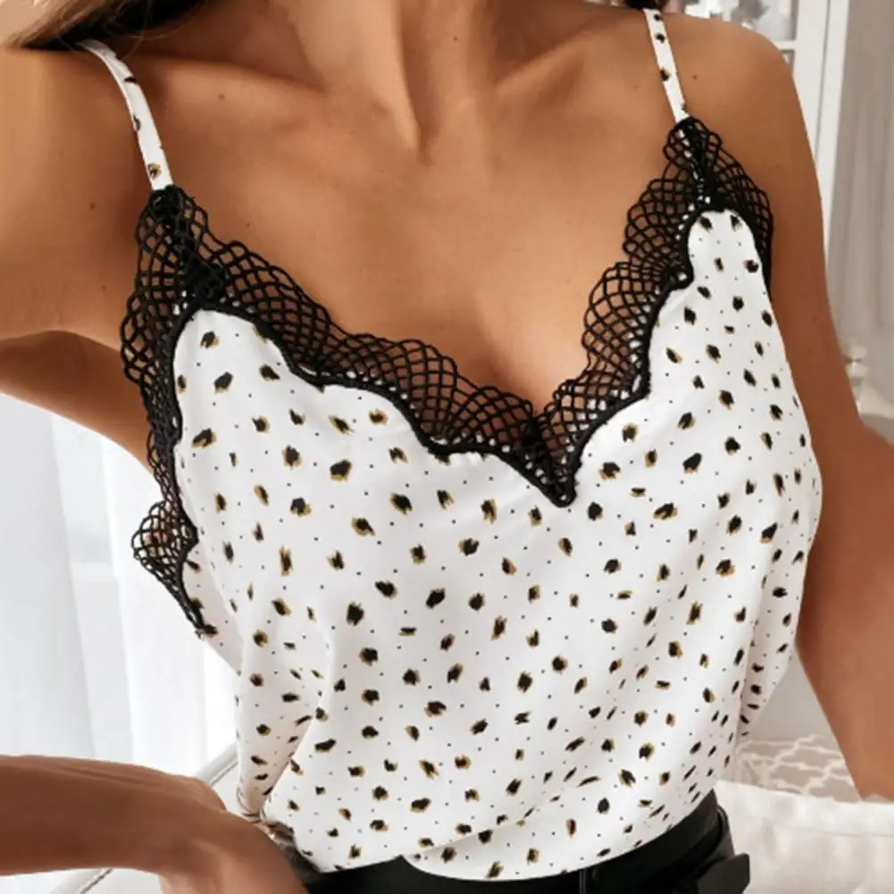 

Camisole Dots Print Sleeveless Sexy Lace Trim V Neck Spaghetti Straps Vest Tank Top for Summer