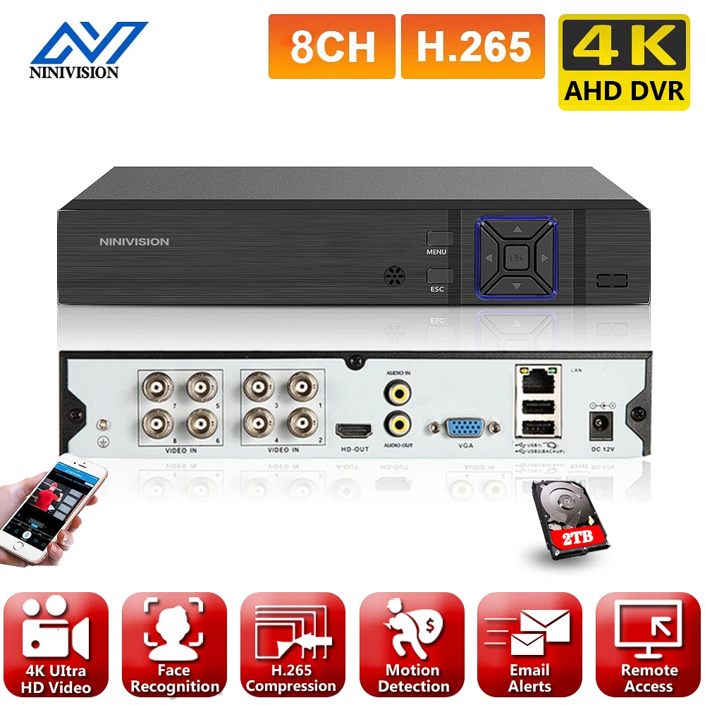 

Видеорегистратор 6 в 1, H.265 + AI, датчик движения, распознавание лица, AHD, TVI, CVI, XVI, CVBS, IP, 4K, 8 Мп, 8 каналов, для систем видеонаблюдения