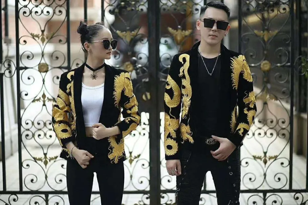 Gold Dragon Pattern Embroidery Stage Suit Jacket Fancy Designer Dj Club Party Prom Men Velvet Blazer