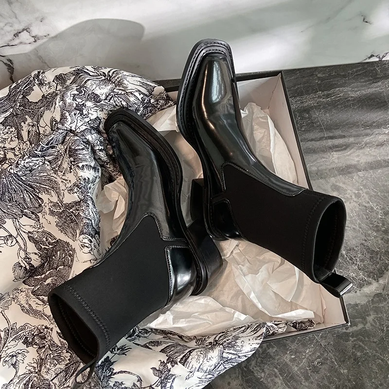 

Brand genuine leather women boots square heel black platform shoes woman autumn winter ankle boots casual motorcycle boots 34-40