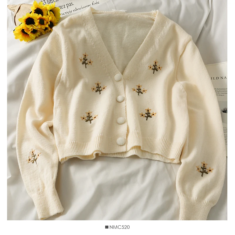 

Kimutomo Casual Embroidery Floral Cardigan Women Autumn Korea Fashion Ladies V-neck Full Sleeve Knitwear Sweater Top Elegant