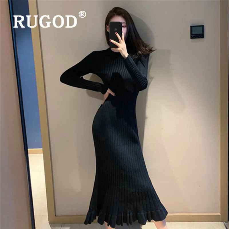 RUGOD 2019 Новое Осеннее однотонное теплое вязаное платье с круглым вырезом
