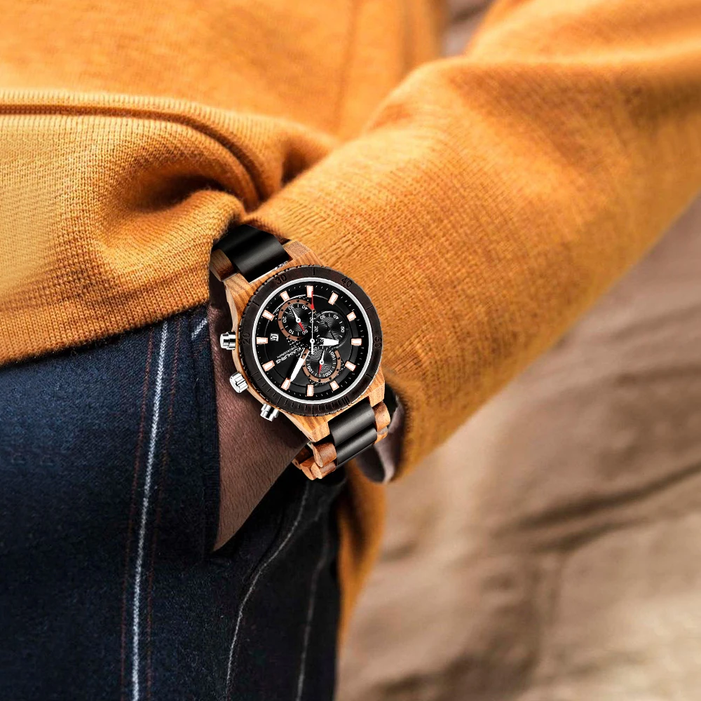 

Retro Wood Watches for Men Luxury Chronograph Clock Male Full Natural Band Quartz Military Men's Wrist Watches Relogio Masculino