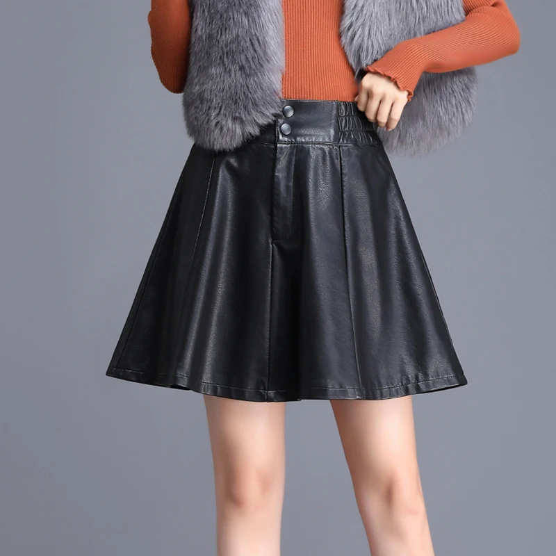 

Women's Leather Skirt a Line Autumn Solid Elastic Waist Mini Casual Ladies Skirts Black Color Short Skirts Elegant Female