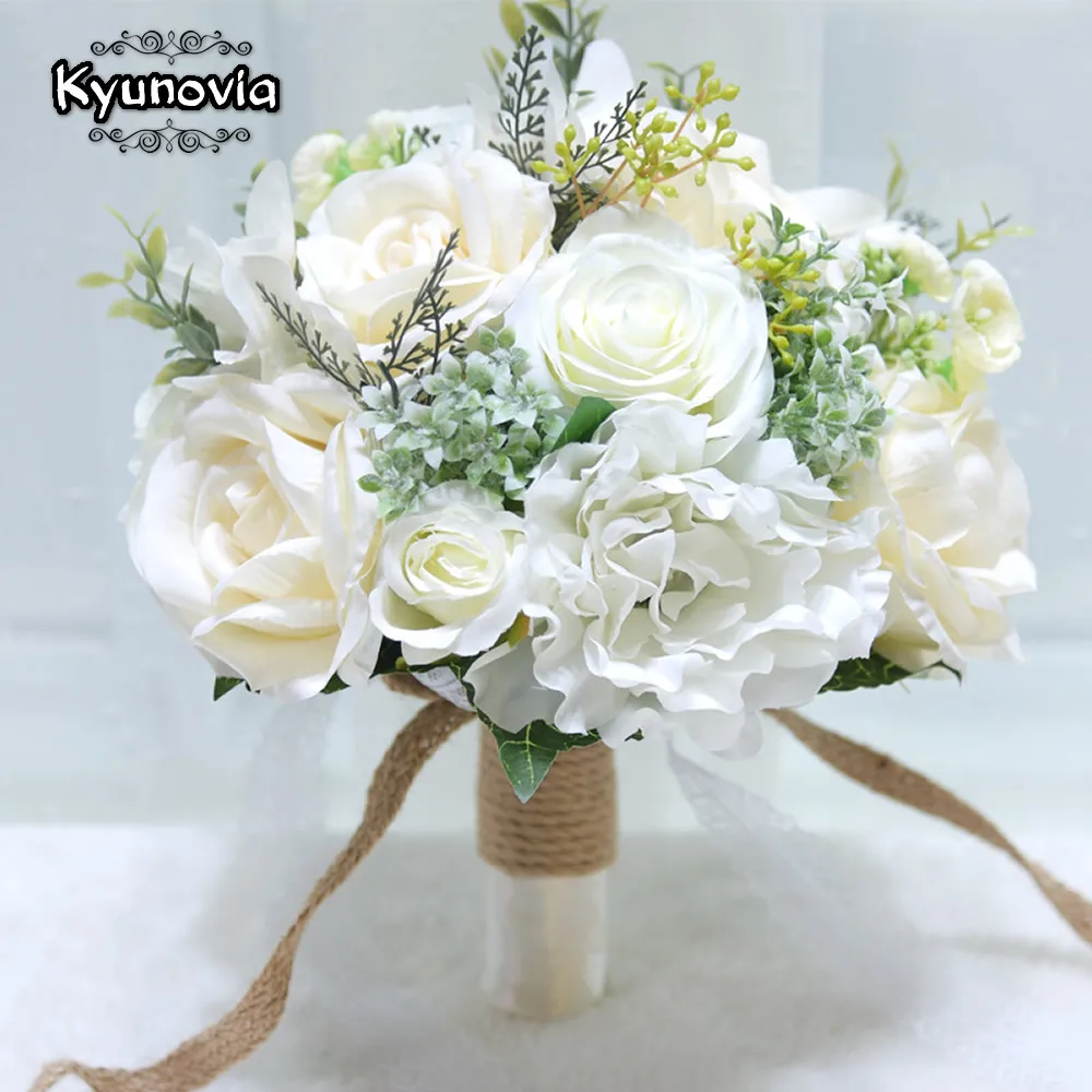 

Kyunovia Natural Bouquet ramos de novia Wedding Flowers peony silk Eco Flowers Bridesmaid Bouquets Ivory Wedding Bouquet D152