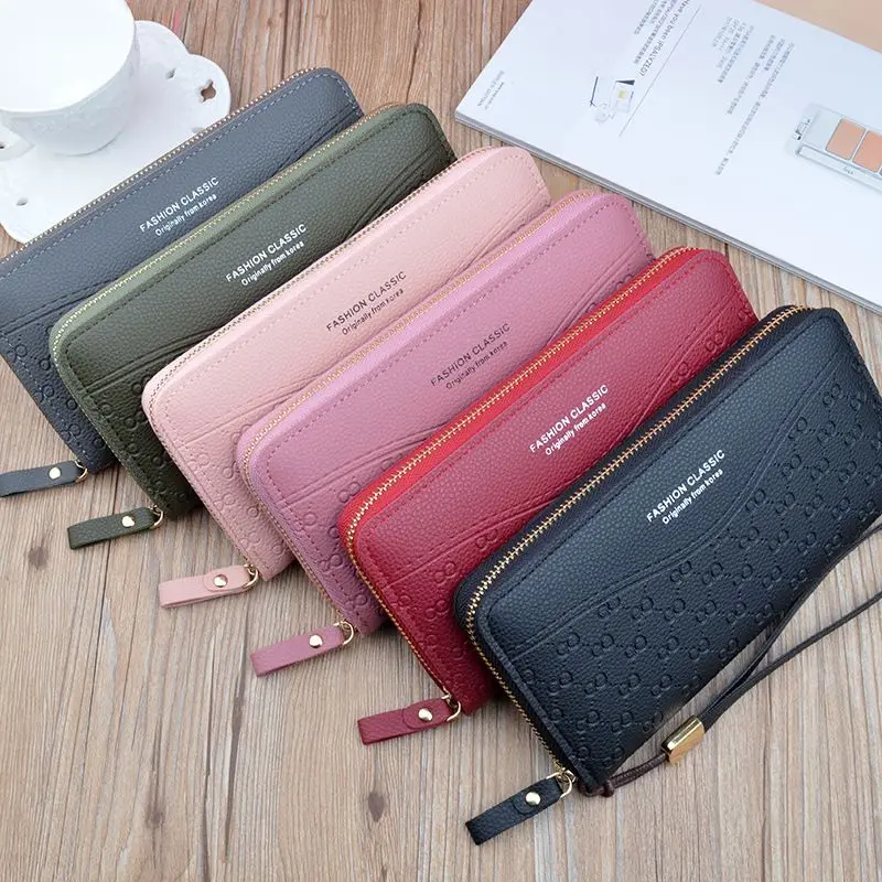 Женский кожаный кошелек с тисненым цветком Длинный для монет и карт Однотонный