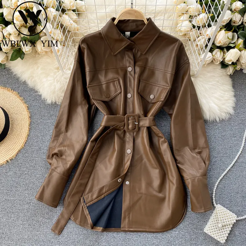 

Autumn Women Faux Leather Jacket Long Coat Fashion Single breasted Lapel Belt Long Sleeve PU Leather Jacket Female Loose Coat