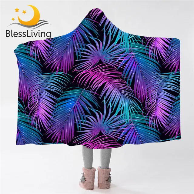 BlessLiving Palm Leaf Hooded Blanket for Adults Purple Green Sherpa Fleece Wearable Blanket Dazzling Throw Blanket Hoodie 1pc 1
