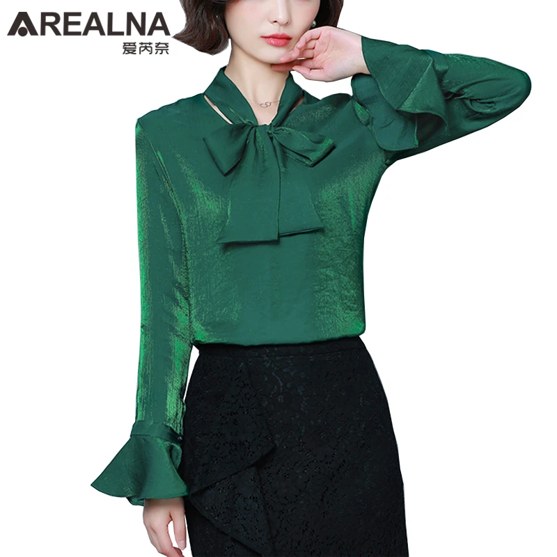 Блестящая шелковая праздничные платья с длинными рукавами Блузка для женщин