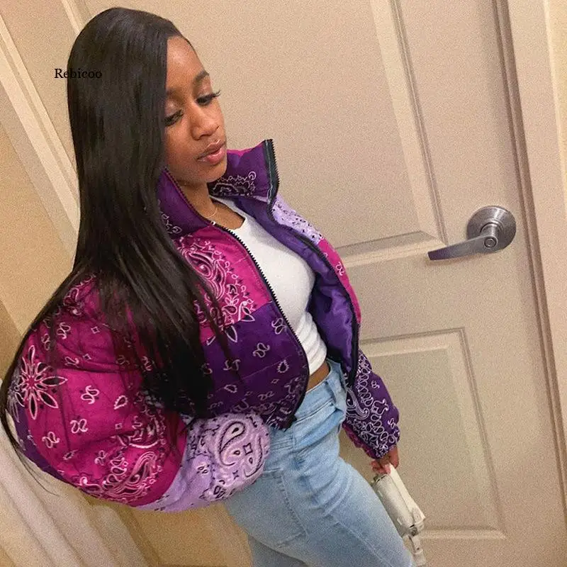 

Flower Print Zipper Turn-Down Collar Long Sleeve Puffer Jacket Hit Color Chic Slim Keep Warm Short Coat Women for Winter
