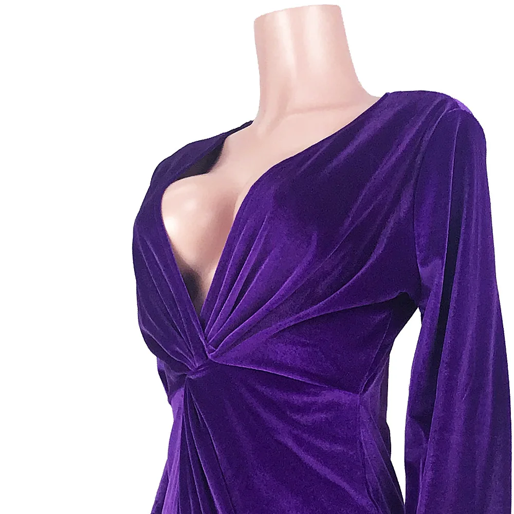 

Velvet Feather Long Sleeve Wrap V-Neck Winter Dress 2019 Party Night Sexy Bandage Side Slit Warm Black Dress Bodycon Vestido