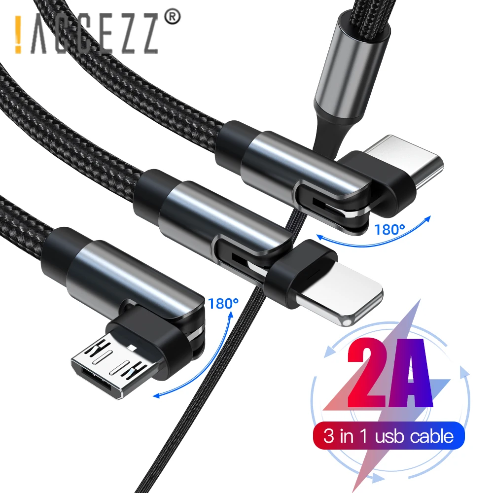 

!ACCEZZ Elbow 3 in 1 USB Cable Lighting Cable Fast Charging For iPhone 12 11 Micro USB C Cable For Samsung Xiaomi Type C Charger