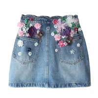 New 2018 summer three-dimensional flower embroidered waist waist skirt slim jeans skirt