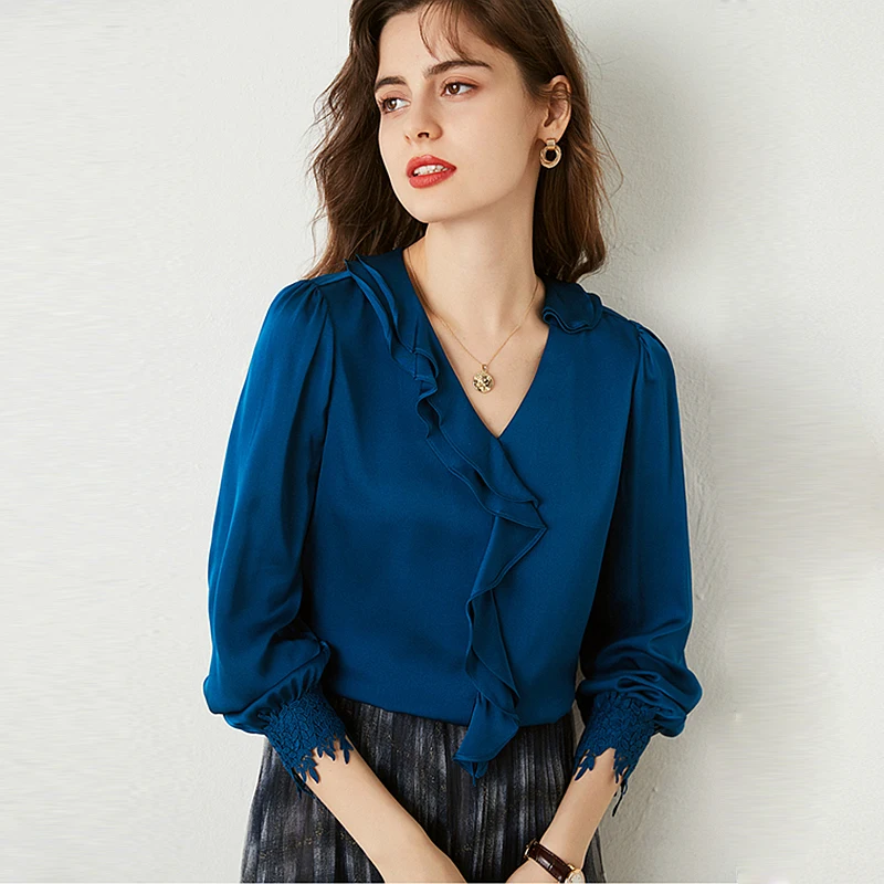 100% Silk Blouse Women Shirt Elegant Design Solid Ruffles Plus Sizes V Neck Embroidered Long Sleeve Graceful Style New Fashion