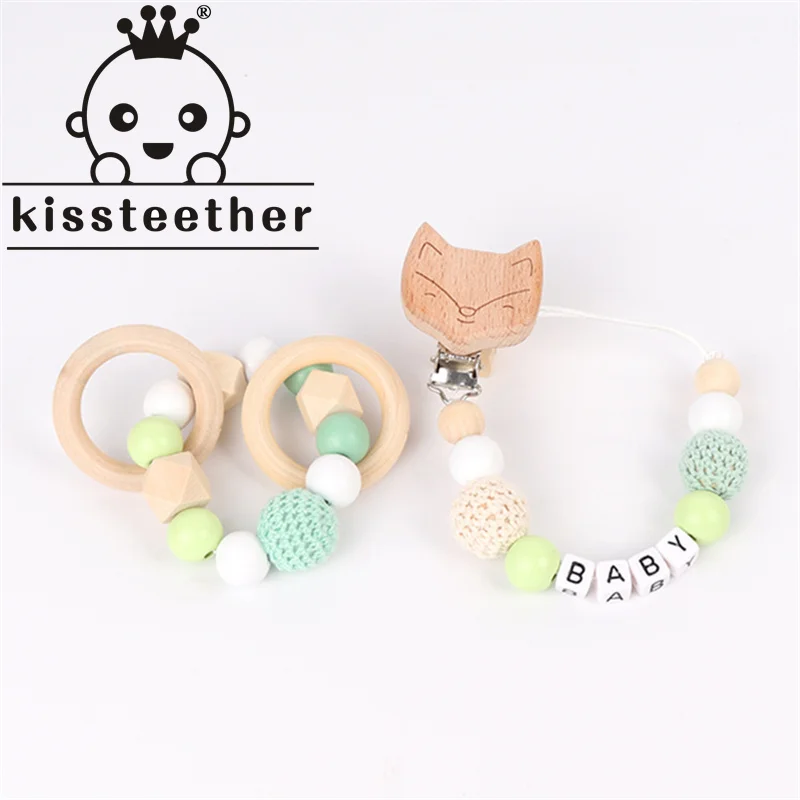 

Kissteether New DIY Baby Beech Wood Pacifier Chain Wholesale Fox Clip Type Molar Bracelet Rattle Toy Three-Piece Set Toy Gift
