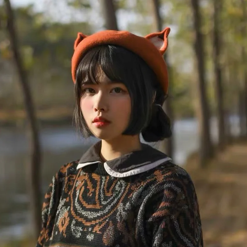 Женский шерстяной фетровый берет с ушками для кошек милая теплая шапка художника