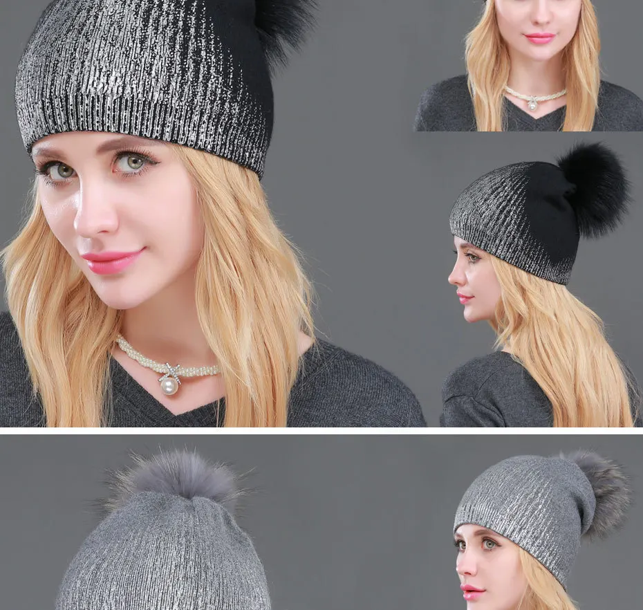 Wuaumx женские зимние шапки Skullies Beanies, шапка для женщин из натурального меха енота, вязаная шерстяная шапка с помпоном, шапка с серебристым и золотистым принтом