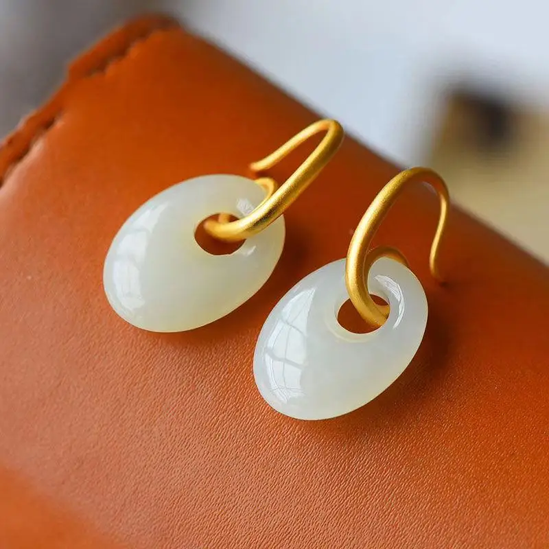 

S925 Sterling Silver Natural Hetian Jade Peace Buckle Eardrops Women Ornament