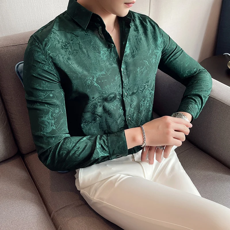 Men High quality Slim Fit Long sleeve shirts/Male Fashion business Casual  Dress shirt Green black lapel Shirts Plus size S-4XL