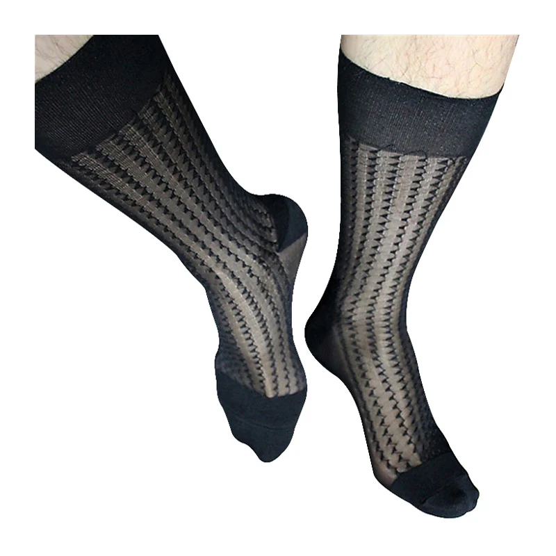 Black Men Zigzag Silk Socks, Sheer See Through, Sexy Formal Dress Suit Male Socks Fetish Collection