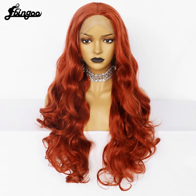 Ebingoo T Part Lace High Temperature Fiber Long Body Wave Hair Wigs Orange Synthetic Lace Front Wig With Widow Peak for Women