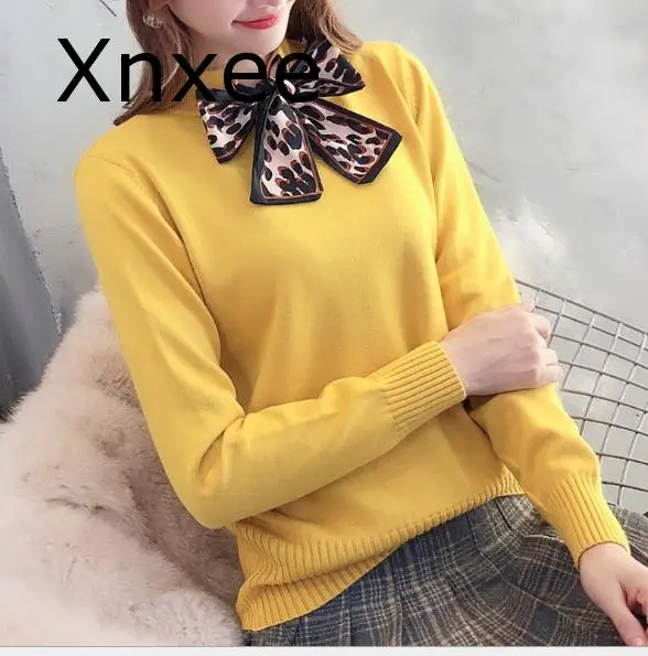 

Autumn Winter Leopard Bow Sexy Thick Sweater Pullovers 2020 Women Long Sleeve Casual Warm Sweater Female Knit Jumpers Top