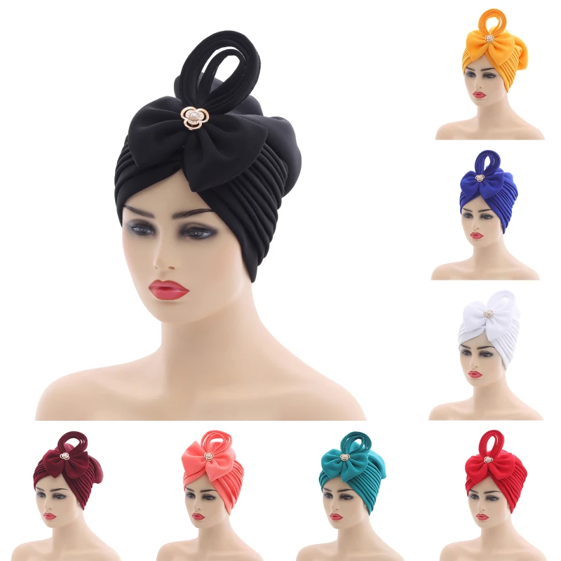 

Women Hats Multilayer Bowknot Pearl Decoration Ladies Headscarves African Wedding Muslim Headscarves Hats
