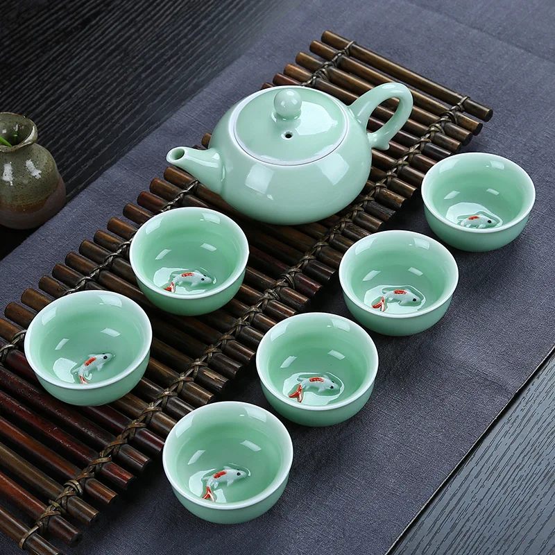

Китайские дорожные чайные наборы кунг-фу из 7 предметов, керамические портативные фарфоровые сервисы, чайные чашки для карпа, чайная подста...