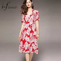 100 natural silk mulberry dress for women 2021 summer elegant printed midi dress v neck short sleeve single breasted robe