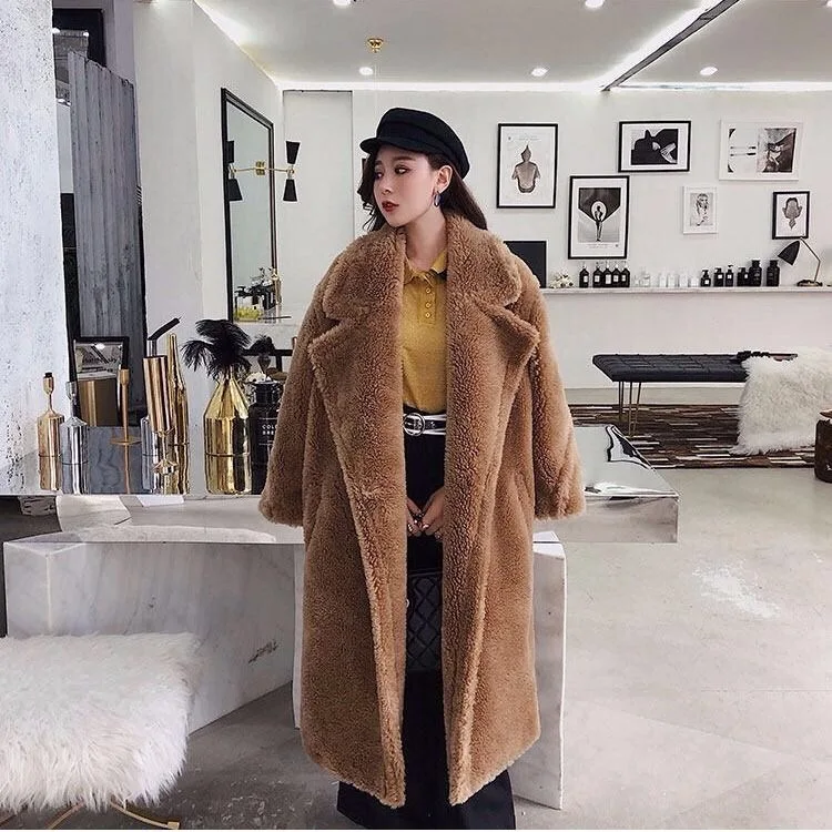 coffee Осенне-зимнее длинное манто Femme Hiver, элегантное женское пальто из искусственного меха большого размера, корейское меховое пальто высокого качества, розовое длинное пальто - Цвет: coffee