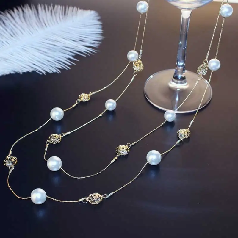 

Luxury Camellia Crystal Sweater Chain Long Torque Fall Winter Rose Flower Pearl Necklace For Woman
