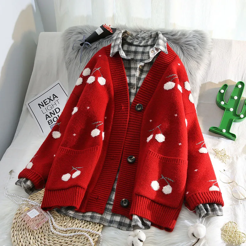 

Poncho Direct Selling Acrylic V-neck Sweater Women Christmas Sweater Cherry Print Cardigan Loose Lazy Wind 2020 Winter New Gift