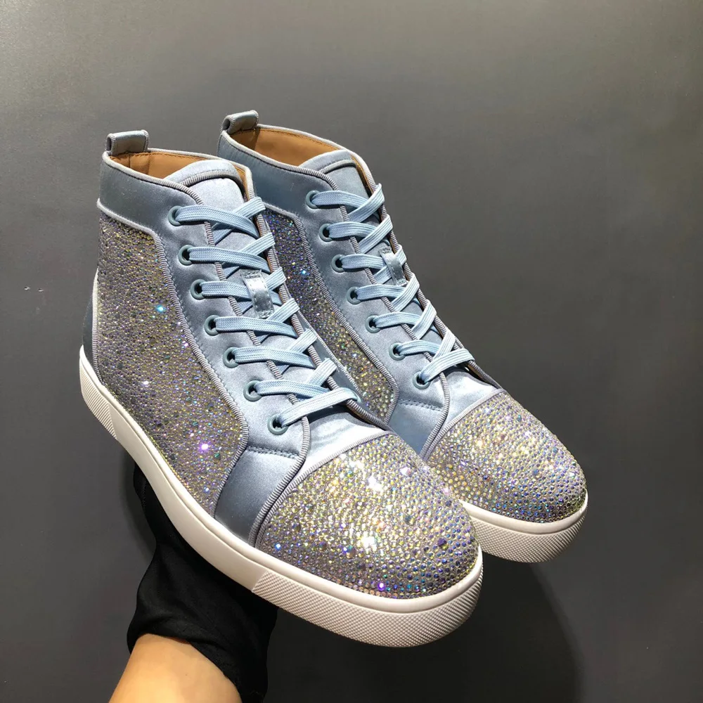 

High Top Red Bottom Men Shoes AB Starry Sky Full Diamond Genuine Leather Luxury Ladies Flat Loafers Casual Shoes Big Size 47 48