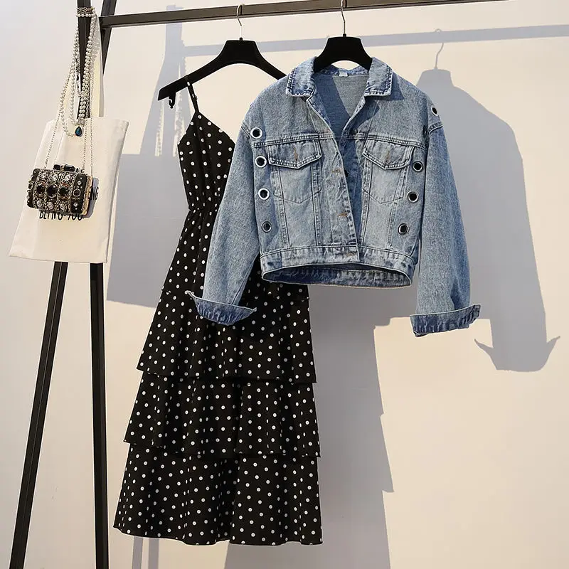 Женское джинсовое платье и жакет комплект из двух предметов короткий топ платья