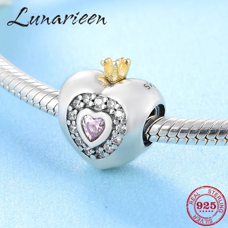 925 Sterling Silver Golden Crown Pink Zircon Heart Shaped DIY Sweet Beads Fit Original European Charm Bracelet Jewelry making | Украшения и