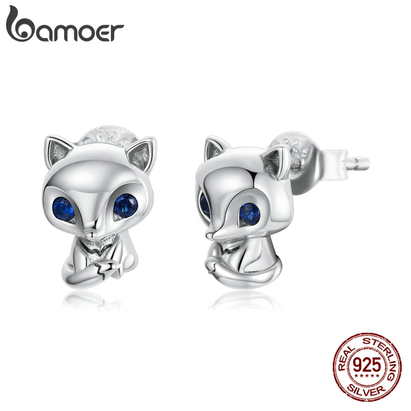 

bamoer Genuine 925 Sterling Silver Lovely Fox Zircon Stud Earring for Women Girl Gift Fashion Jewelry SCE1084